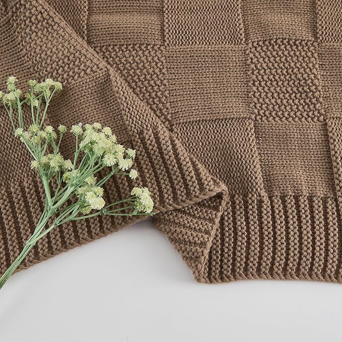 CozeCube Check Knit Throw Blanket, Light Brown Checkered Throw for Couch, Decorative Christmas Soft Cozy Warm Knitted Blanket for Bed Sofa Living Room, 50"X60"