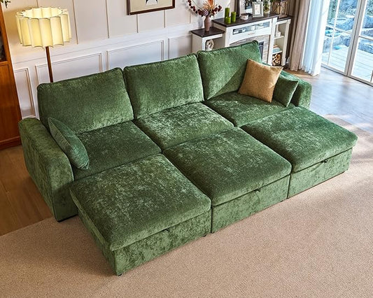 Oversized Modular Sofa Comfy Cloud Couch with Storage, Extra Deep Plush Sectional Sofa Set for Living Room, Covers Washable, Chenille, Olar (Green, 6-Seater with 3 Ottomans, Sleeper)