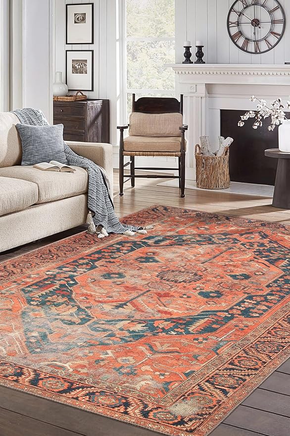 Keen Home Design 5x7 Rug - Machine Washable Area Rug with Non-Slip Backing, Ideal for Living Room, Dining Room, Bedroom - Vintage, Easy Clean, Durable, Low Pile Rug - (5' x 7')