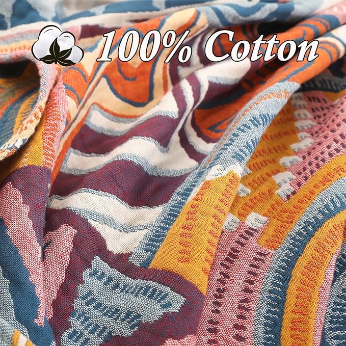 Snycler Boho Throw Blanket for Bed - 100% Cotton Ultra Soft Rustic Quilt Fall Blanket - Orange Floral Printed Farmhouse Decor Bed Blankets, 80"×90" All Season Rustic Throw for Sofa Couch Chair