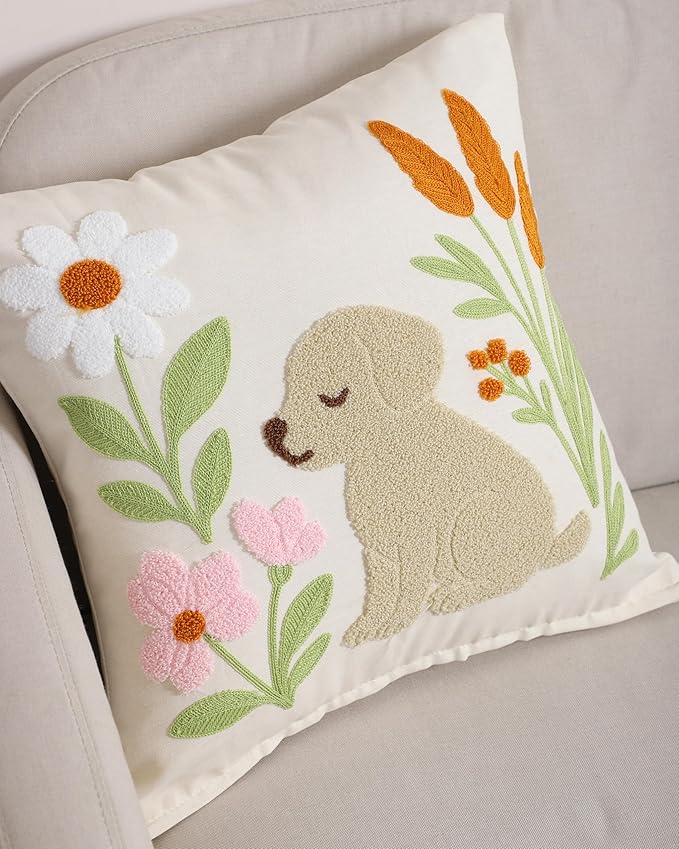 katre home madame & textile Embroidered Dog Pillow Cover – 18x18 inch Handmade Punch Needle Cushion – Boho Cotton Throw Pillow for Couch, Bed, or Gift for Dog Lovers