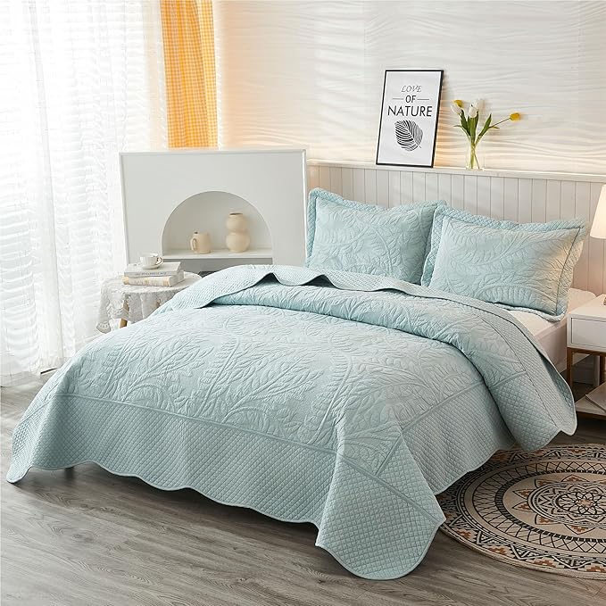 MarCielo 3-Piece 100% Cotton Oversized Bedspread Lightweight Quilt Coverlet Embroidery Farmhouse Bedding Set T0 (Aruba Blue, Oversized King (118"x106"))