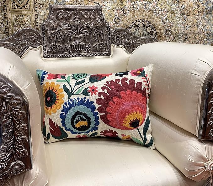 Lumbar Cream Floral Pillow Cover Polish Flower Accent Chair Pillowcase Couch Modern Farmhouse Couch Cushion Hand Embroidered Wool Size 14x20 Inch