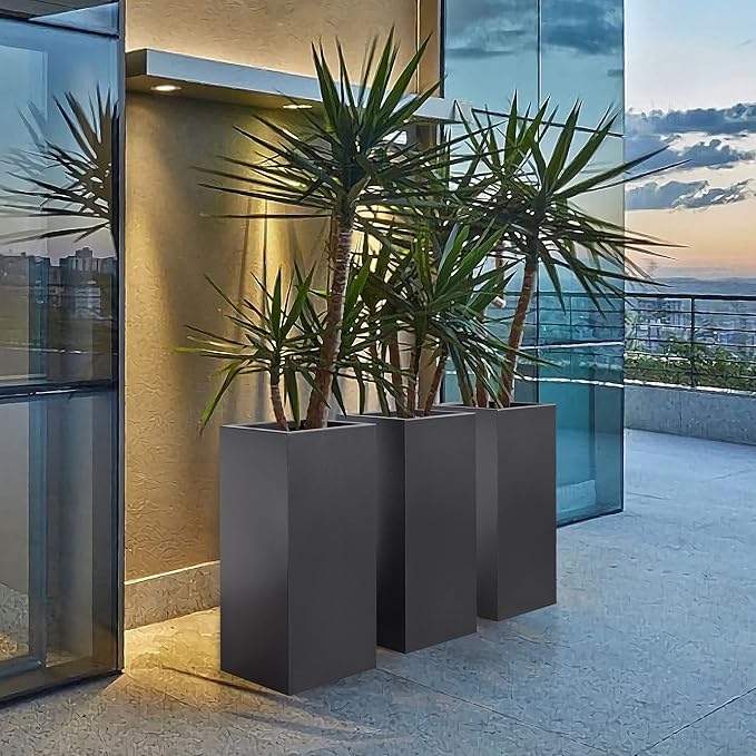 Metallic Heavy Tall Outdoor/Indoor Planter Box, Seamless Metal Planter, Rectangular, 14”Lx14”Wx30”H, 25 Pounds, Dark Gray, No Assembly, 1 Pack
