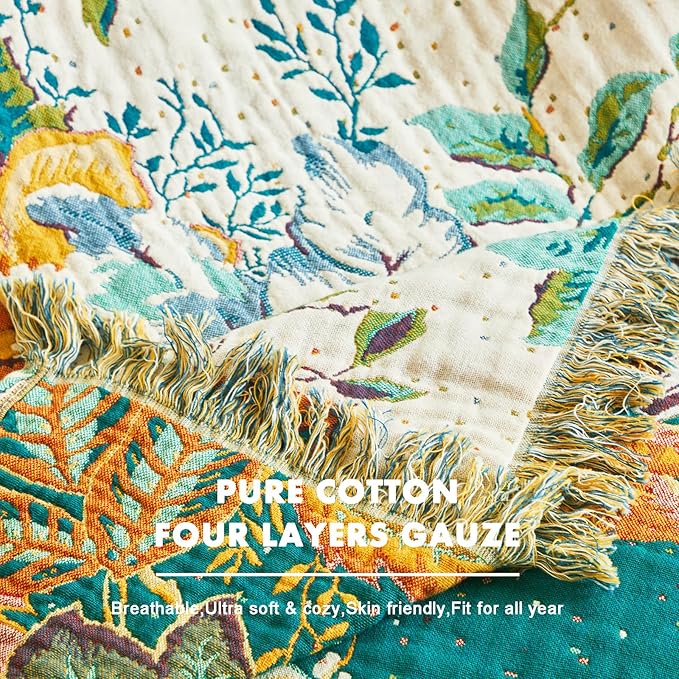 MSGKV Boho Throw Blanket for Couch Bed Chair 100% Cotton Muslin Breathable Vine Embroidery Blanket 50"x60" Sofa Blankets for All Seasons Lightweight Farmhouse Blankets Boho Home Decor