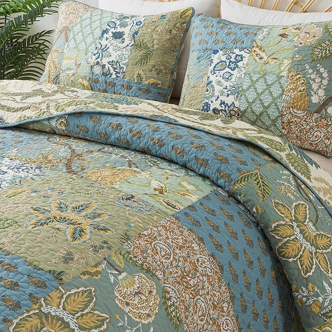 NEWLAKE Quilt Set Twin Size, 100% Cotton Patchwork Green Bohemian Quilt Sets, Reversible Bedspread Lightweight and Breathable for All Seasons, Soft Quilted Bedspread