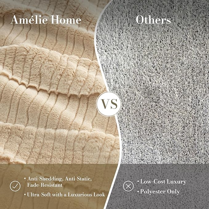 Amélie Home Luxury Striped Faux Fur Throw Blanket for Couch, Embossed Split Fur Cozy Fuzzy Fluffy Luxurious Soft Plush Sofa Chair Bed Gift Blankets for Women Men Wife Friend, 60"x80", Beige
