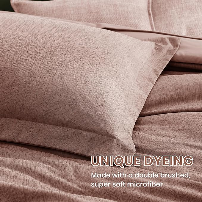 Monbix Queen Comforter Set - 7 Pieces Dusty Pink Cationic Dyeing Bed in a Bag Queen Bedding Sets with Sheets, Pillowcases & Shams, Reversible Bedding Comforters