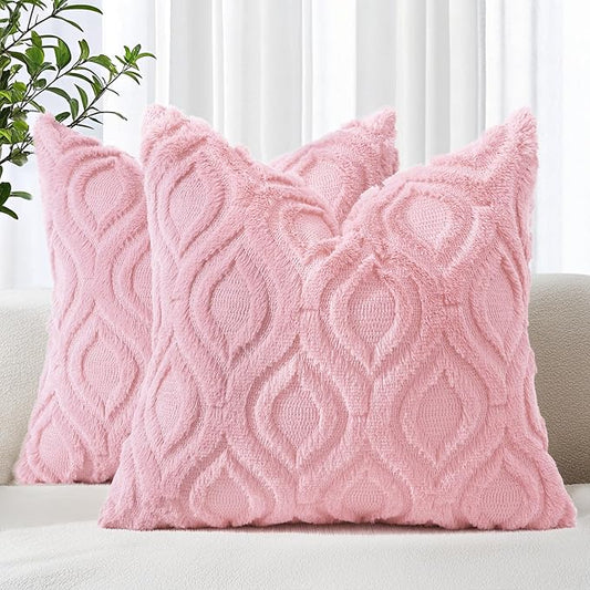 decorUhome Throw Pillow Covers 18x18 Inch Set of 2, Soft Plush Decorative Faux Fur Light Pink Solid Couch Pillow Covers, Accent Farmhouse Neutral Square Euro Pillow Cases for Sofa Bed Living Room