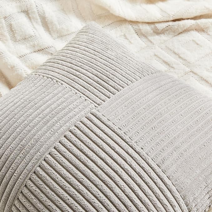 Fancy Homi 2 Packs Neutral Grey Lumbar Decorative Throw Pillow Covers 12x24 Inch for Living Room Couch Bed Sofa, Farmhouse Home Decor, Soft Striped Corduroy Rectangle Accent Cushion Case 30x60 cm