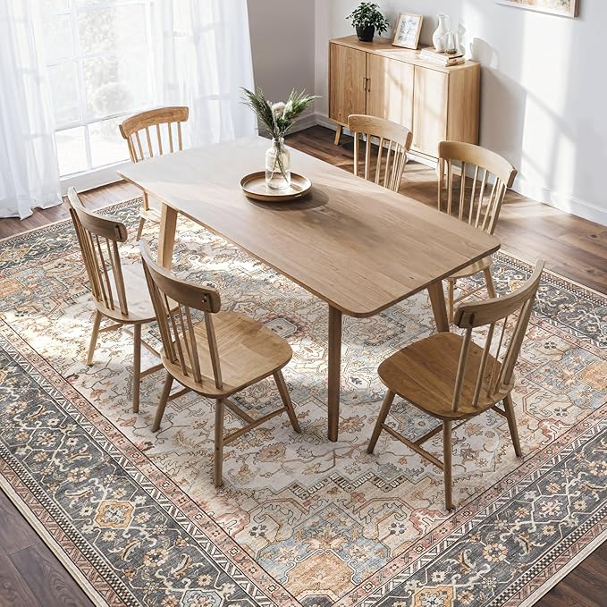 Washable Area Rugs for Living Room - 8x10 Neutral Vintage Distressed Floral Farmhouse Boho Large Soft Floor Rug Indoor Non Slip Carpet for Bedroom Dining Room Office -Forest Green Orange