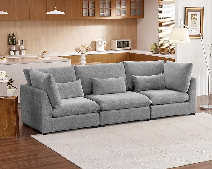 Oversized Modular Sofa, Extra Deep Cloud Chenille Sectional Couch with Ottoman Chaise, Fluffy Chenille 3 Seater Sofa for Living Room, Villa (Basic 3 Seater, Chenille Grey)