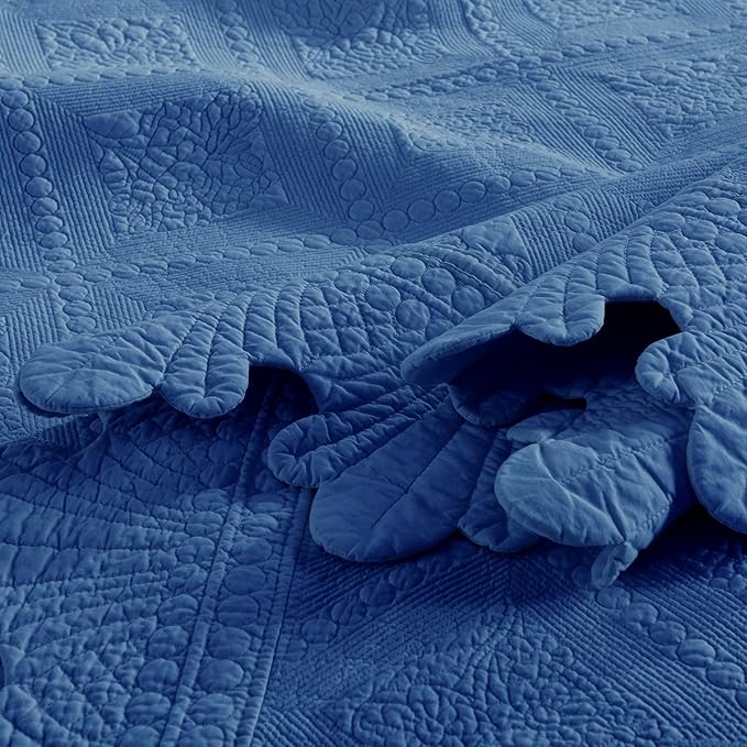 MarCielo 3-Piece 100% Cotton Oversized Bedspread Lightweight Quilt Coverlet Embroidery Farmhouse Bedding Set (Tk Midtone Blue, Oversized Queen (100"x106"))