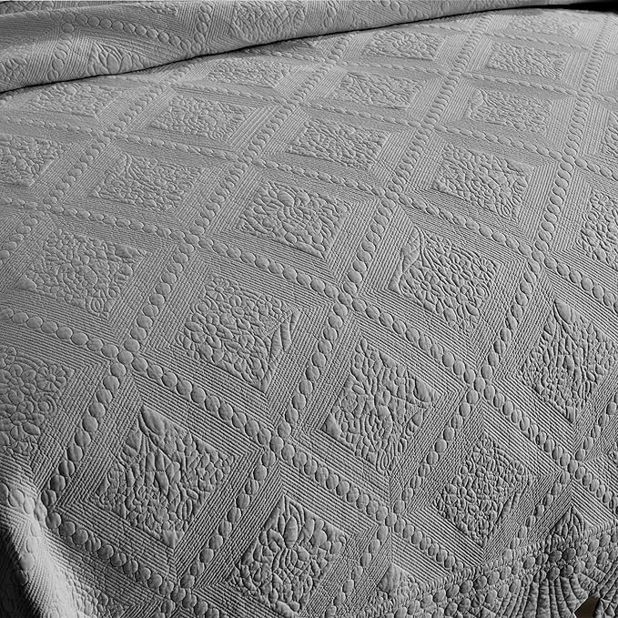 MarCielo 3-Piece 100% Cotton Oversized Bedspread Lightweight Quilt Coverlet Embroidery Farmhouse Bedding Set (Tk Light Grey, Oversized Queen (100"x106"))