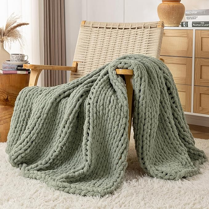 Chunky Knit Blanket Throw, 100% Hand Knit Throw Blanket Handmade Chenille Cable Knit Throw for Couch, Stylish Cozy Soft Rope Knot Crochet Blanket for Home Decor, Sage Green, 50x60 Inches
