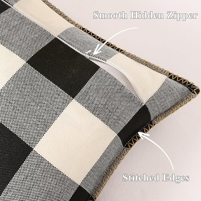 decorUhome Buffalo Plaid Check Throw Pillow Covers 16x16 Set of 2, Outdoor Decorative Farmhouse Neutral Pillow Covers with Stitched Edge for Bed Couch Sofa, Black and White