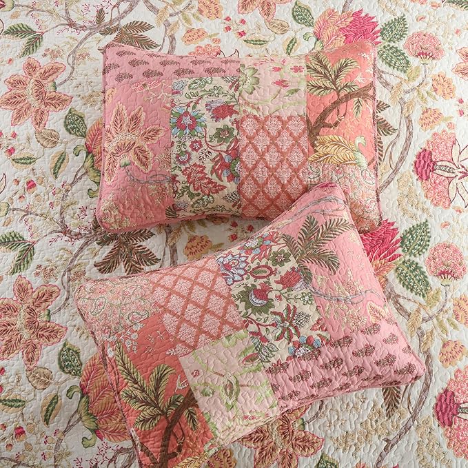 NEWLAKE Cotton Patchwork Bedspread, 3-Piece Bedding Quilt Set with Real Stitched Embroidery, Reversible Matelasse Bed Coverlet Set,Bohemian Floral, Queen Size