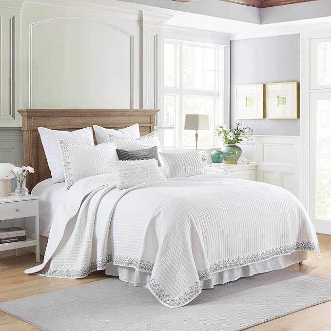 MarCielo 3-Piece 100% Cotton White Striped Quilt Set with Botanical Edge Embroidery TC(Sakura White,Queen (98" X 90"))