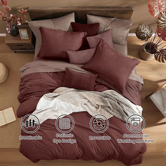 Monbix Queen Comforter Set - 7 Pieces Cationic Dyeing Dark Red Bed in a Bag Queen Bedding Sets with Comforter, Sheets, Pillowcases & Shams, Reversible Bedding Comforters Sets