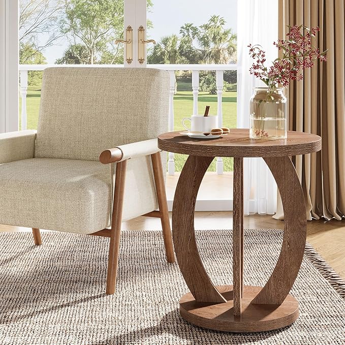 Tribesigns End Table, Round Side Table with Storage, Farmhouse Nightstand Bedside with Round Tabletop, Accent End Table for Living Room Bedroom Small Space, Wooden Accent Furniture (2, Brown)