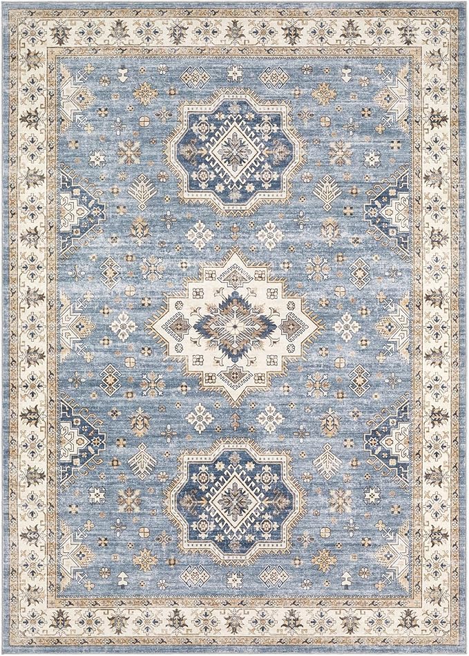 Washable Area Rugs for Living Room - 6x9 Neutral Vintage Distressed Floral Farmhouse Boho Large Soft Floor Rug Indoor Non Slip Carpet for Living Room Bedroom Dining Room Office - Blue