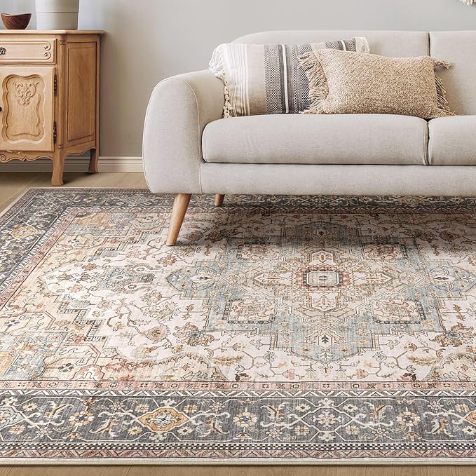 Washable Area Rugs for Living Room - 7x9 Neutral Vintage Distressed Floral Farmhouse Boho Large Soft Floor Rug Indoor Non Slip Carpet for Living Room Bedroom Dining Room Office - Forest Green Orange