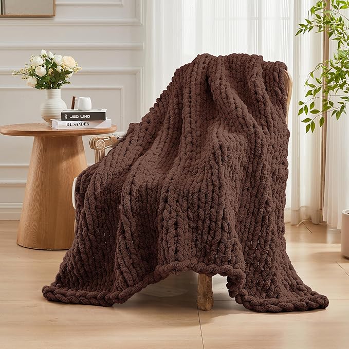Carriediosa Chunky Knit Throw Blanket 60" X 80" Twin, 100% Hand Made Large Chenille Loop Yarn Soft Fluffy Throws for Couch Sofa Bed, Big Crochet Cozy Heavy Thick Cable Woven Blanket, Cocoa Brown