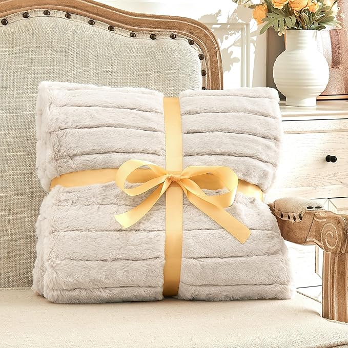 BEDELITE Faux Fur Throw Blanket for Couch, Soft and Cozy 3D Ribbed Fluffy Blanket, Thick Warm Plush Fuzzy Faux Rabbit Fur Blanket for Women Gift (Beige, 50"x 60")