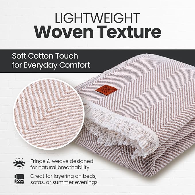 Gold Case Throw Blanket for Bed – 100% Recycled Turkish Cotton Bed Blanket – Decorative Throw Cotton Blankets for Living Room & Bedroom – Woven Twin Blankets - 71x90 - Elegant Beige