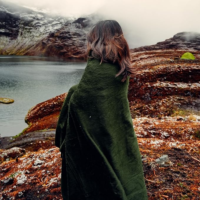 LATITUDE ZERO; Camping Alpaca Wool Throw Blanket | Warm, Ultra-Soft, Breathable, Non-Itchy Outdoor Blanket-Throw | Hypoallergenic and Beautiful Fabric (Army Green)