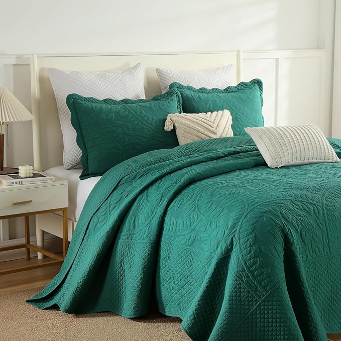 MarCielo 3-Piece 100% Cotton Oversized Bedspread Lightweight Quilt Coverlet Embroidery Farmhouse Bedding Set T0 (Emerald, Oversized King (118"x106"))