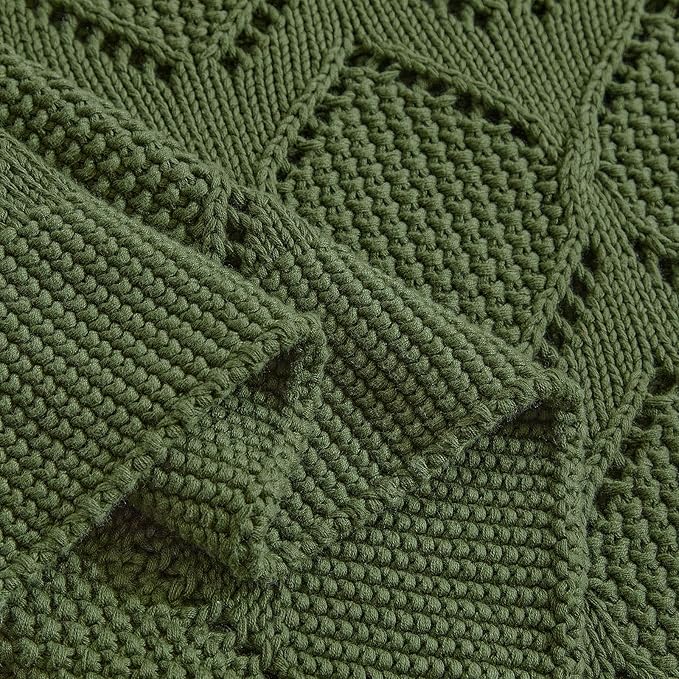 Longhui bedding Chunky Cotton Knit Throw Blanket for Couch, Sofa, Bed, or Chair, Decorative Breathable Fall Cable Knit Blanket 60 x 80 Inches, Large Olive Green