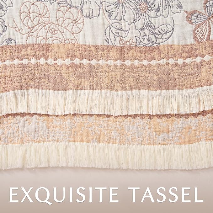 JINCHAN Boho Floral 100% Cotton Blanket 4-Layer Throw Blanket with Tassel Taupe and White Flower Butterfly Soft Luxury Rustic Farmhouse Decor Blanket for Couch Bed 60x80 inch All Season gift for women