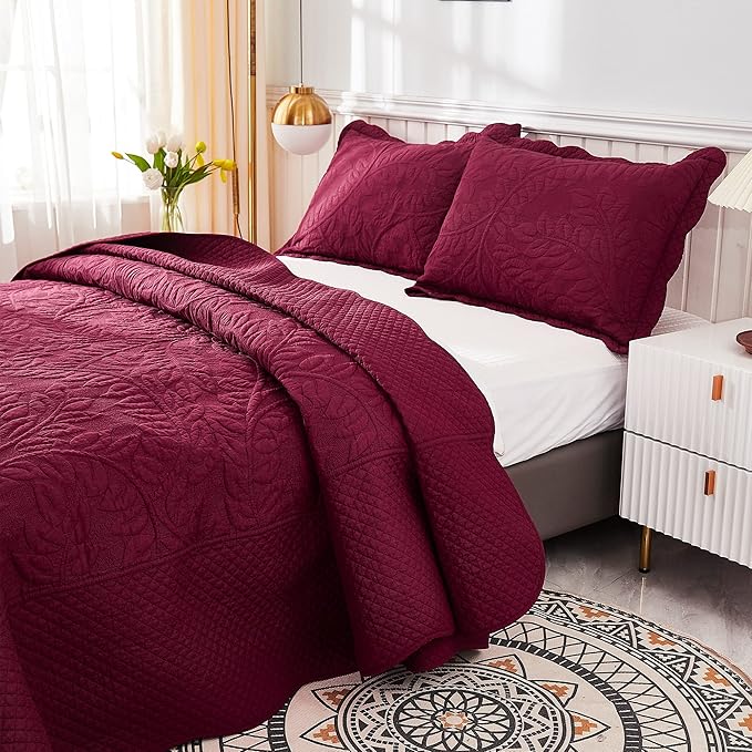 MarCielo 3-Piece 100% Cotton Oversized Bedspread Lightweight Quilt Coverlet Embroidery Farmhouse Bedding Set T0 (Wine Burgundy, Oversized Queen (100"x106"))