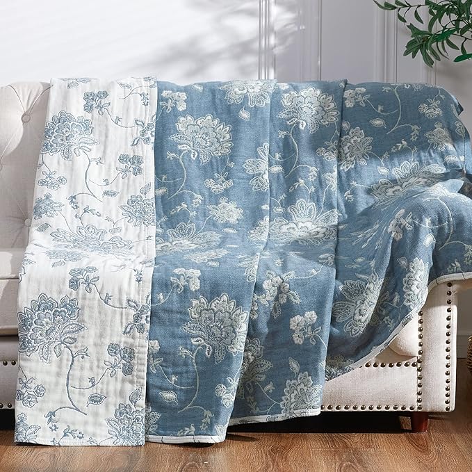 jinchan Boho 100% Cotton Muslin Queen Size 80x90 Inches Blanket Lightweight 4-Layer Quilted Soft Blue and White Floral Throw Blanket Green Accents Reversible Comfy Flower Rustic Summer Couch Bedroom