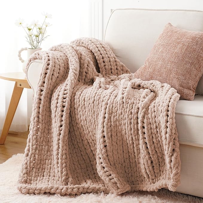 Battilo Chunky Knit Throw Blanket, Soft and Thick Chenille Throw Blanket, 50"x60" Handmade Cable Knit Crochet Blanket, Large Rope Knot Throw Blankets for Couch Sofa Bed Home Decor, Pink