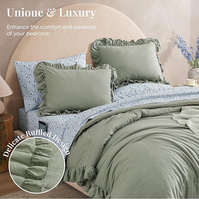 King Comforter Set - 7 Pieces Ruffle Sage Green Bedding Sets, Shabby Chic Farmhouse Bed in a Bag King with Ruffle Comforter, Floral Sheets, Pillowcases & Shams