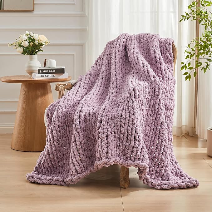 Carriediosa Chunky Knit Throw Blanket 60" X 80" Twin, 100% Hand Made Large Chenille Loop Yarn Soft Fluffy Throws for Couch Sofa Bed, Big Crochet Cozy Heavy Thick Cable Woven Blankets, Purple