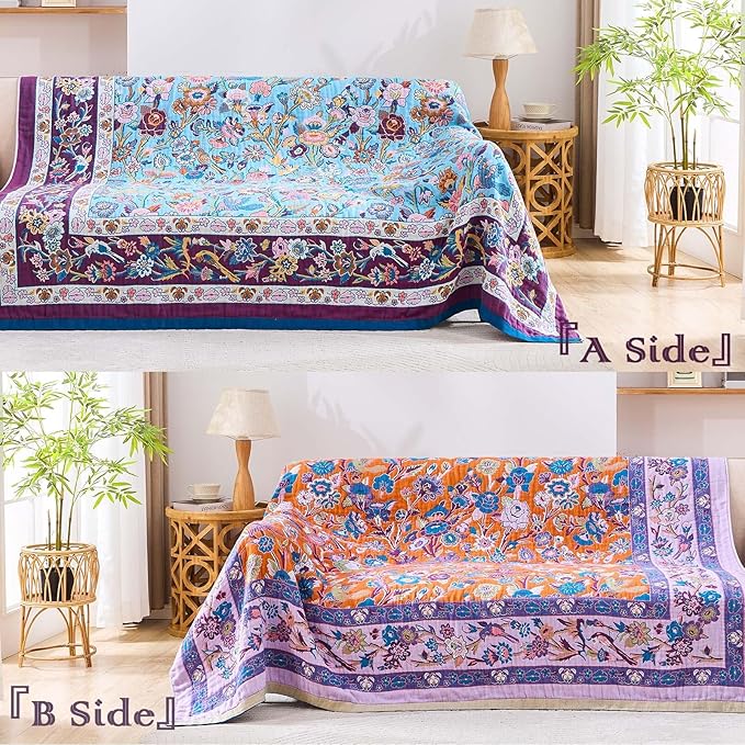 Fall Blanket for Bed, 100% Cotton Soft Rustic Boho Throw Blanket Quilt, 50"x60" Farmhouse Decor Bed Flower Blankets, Light Weight Reversible Bohemian Throw Quilt