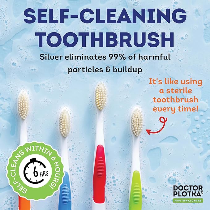 MOUTHWATCHERS Dr Plotkas Soft Bristle Flossing Toothbrush Manual Soft Toothbrush for Adults, Ultra Clean, Good for Sensitive Teeth and Gums, Variety 4 Pack, Colors May Vary