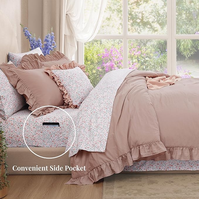 Full Comforter Set - 7 Pieces Ruffle Pink Bedding Sets, Shabby Chic Farmhouse Bed in a Bag Full with Ruffle Comforter, Floral Sheets, Pillowcases & Shams