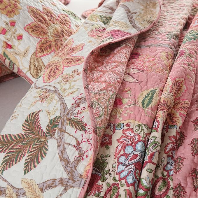 NEWLAKE Cotton Patchwork Bedspread, 3-Piece Bedding Quilt Set with Real Stitched Embroidery, Reversible Matelasse Bed Coverlet Set,Bohemian Floral,California King Size