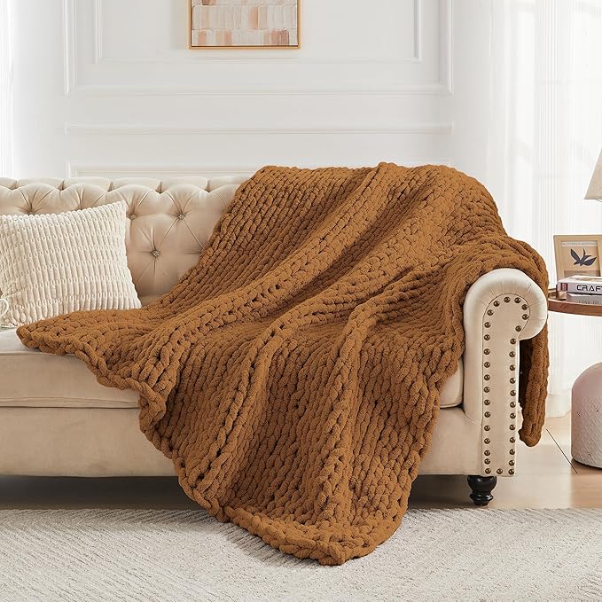 Carriediosa Chunky Knit Throw Blanket 50" X 60", 100% Hand Made Large Chenille Loop Yarn Soft Fluffy Throws for Couch Sofa Bed, Big Crochet Cozy Heavy Thick Cable Woven Blanket, Light Brown