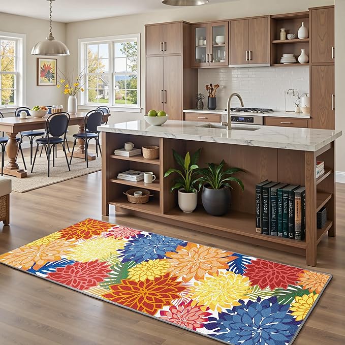 Area Rug 2x6 Washable Entry Rug Multicolored Tropical Botanical Modern Floral Indoor Kitchen Door Mat Entrance Carpet Non Slip for Bedroom Living Room, Porch