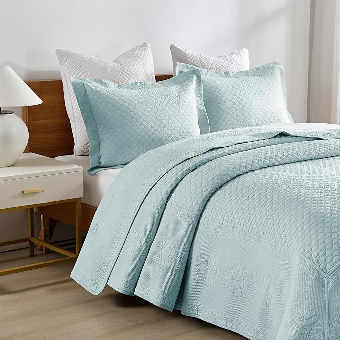 MarCielo 3-Piece 100% Cotton Oversized Bedspread Lightweight Quilt Coverlet Embroidery Farmhouse Bedding Set (TM Mint Green, Oversized Queen (100"x106"))