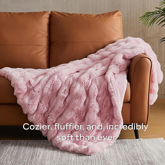 JELLYMONI Faux Fur Throw Blanket, Pink Cozy Plush Bubble Bed Blanket, Thick and Warm, Queen (90" x 90")