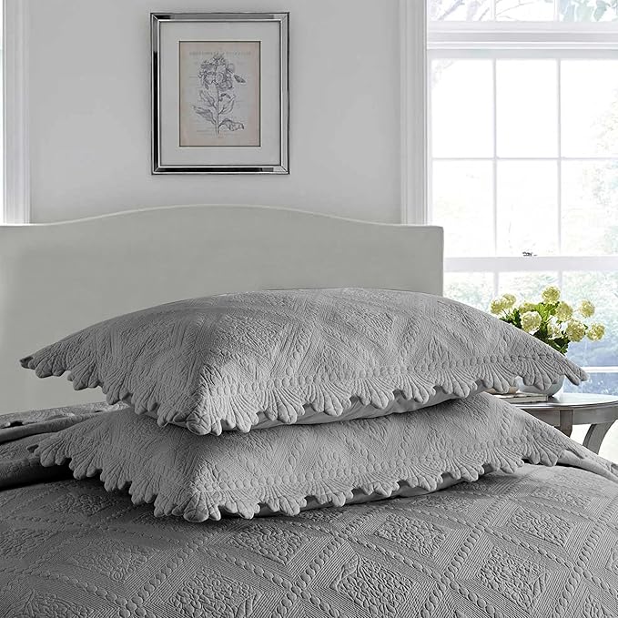 MarCielo 3-Piece 100% Cotton Oversized Bedspread Lightweight Quilt Coverlet Embroidery Farmhouse Bedding Set (Tk Light Grey, Oversized Queen (100"x106"))
