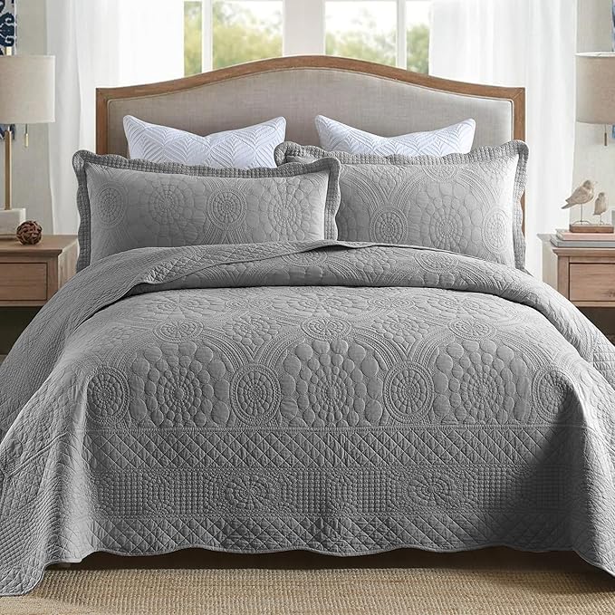 MarCielo 3-Piece 100% Cotton Oversized Bedspread Lightweight Quilt Coverlet Embroidery Farmhouse Bedding Set (Tf Light Grey, Oversized Queen (100"x106"))
