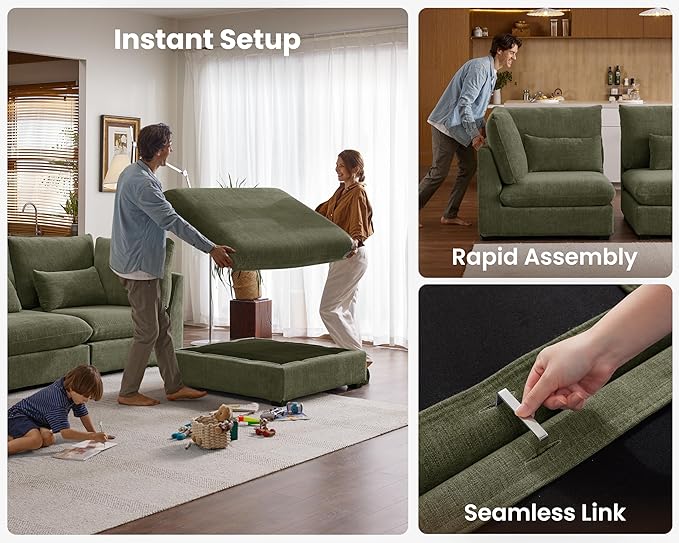 Oversized Modular Sofa, Extra Deep Cloud Chenille Sectional Couch with Ottoman Chaise, Fluffy Chenille 5 Seater Sofa Bed for Living Room, Villa (U Shape 5 Seater, Chenille Green)