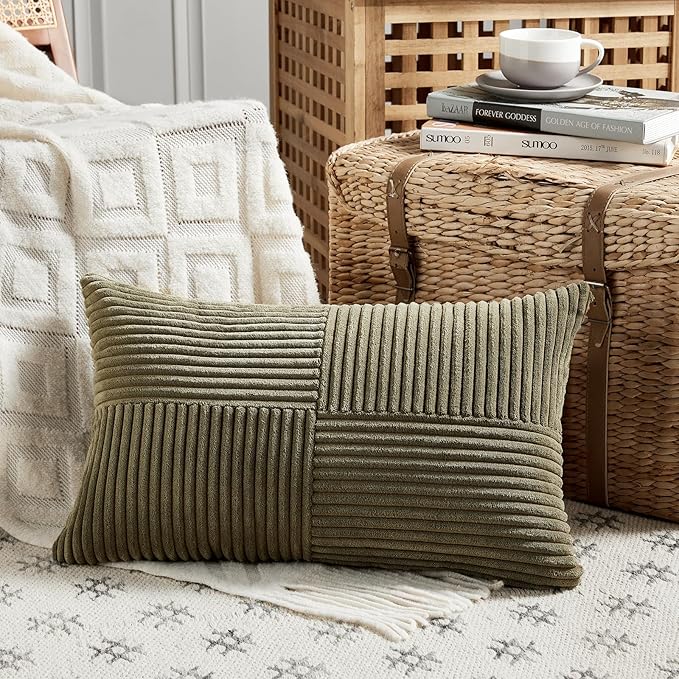 Fancy Homi 2 Packs Olive Green Long Lumbar Decorative Throw Pillow Covers 12x24 Inch for Couch Bed Sofa, Rustic Farmhouse Boho Home Decor, Soft Striped Corduroy Rectangle Accent Cushion Case 30x60 cm